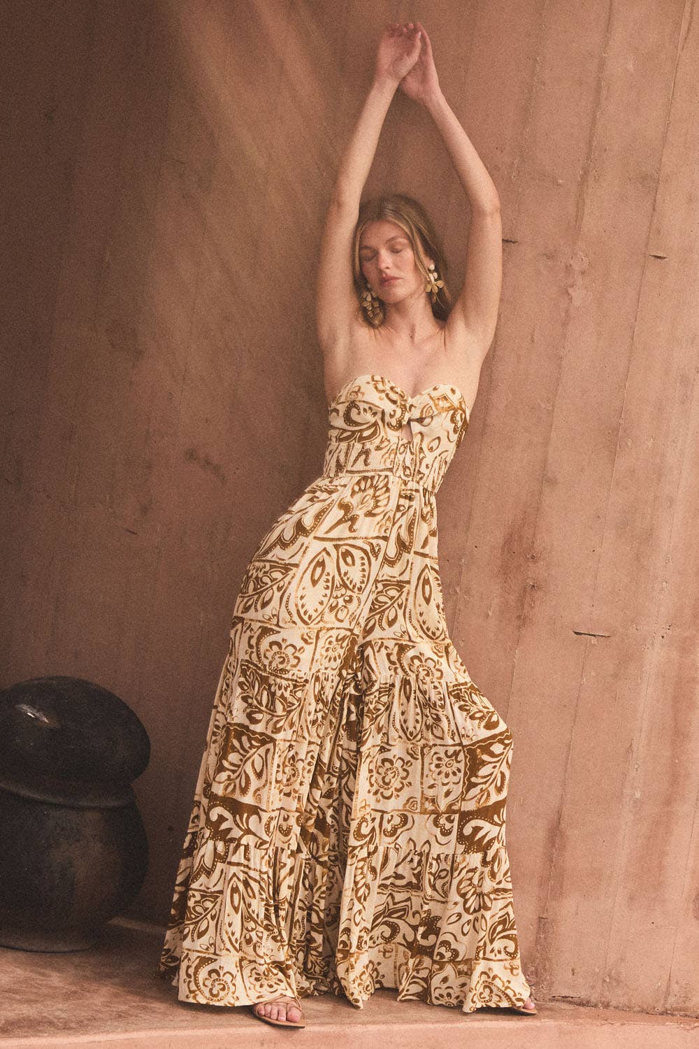 Floral-Print Crepe Strapless Wide-Leg Tiered Jumpsuit