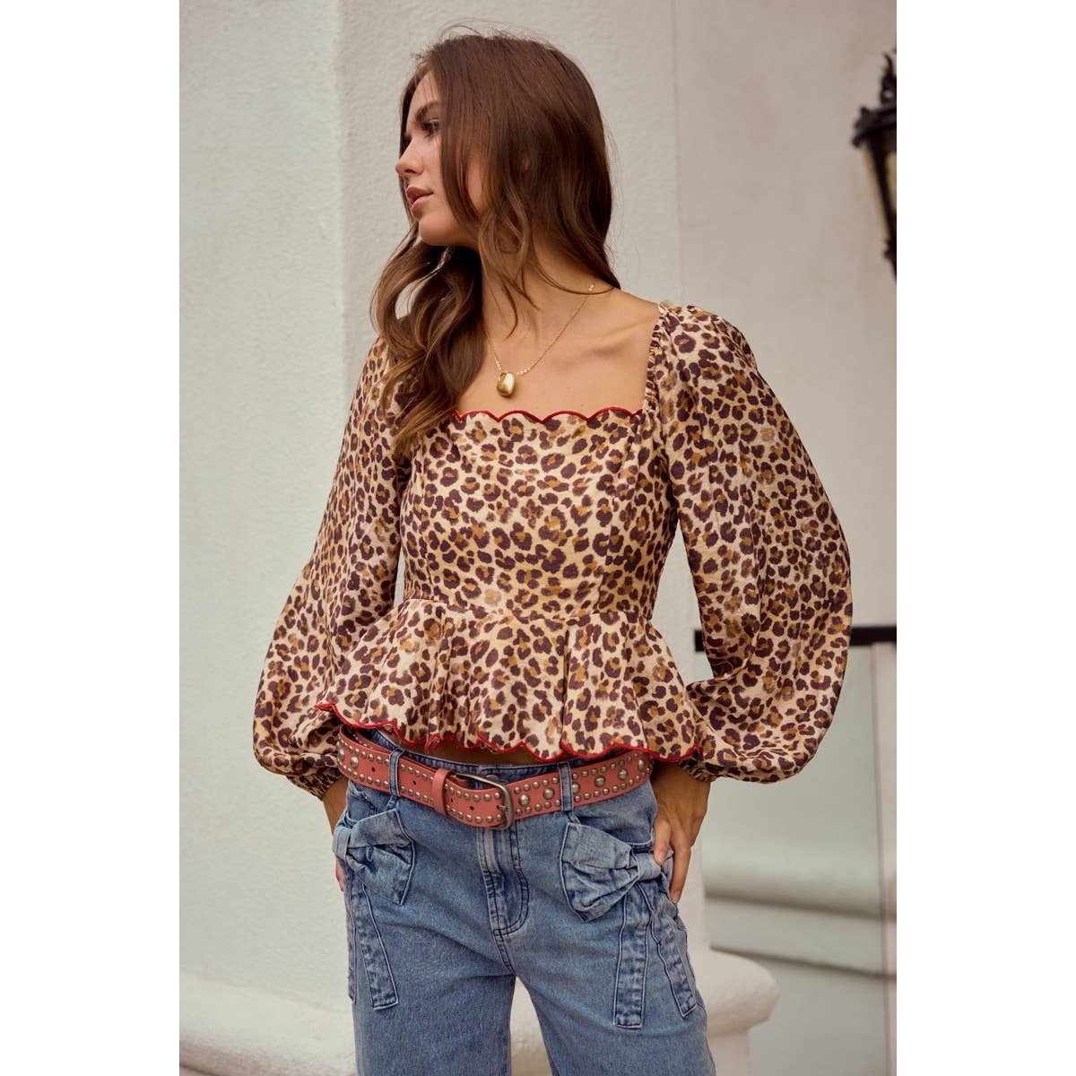 Luxe Leopard Wave Embroidered Sleeve Blouse