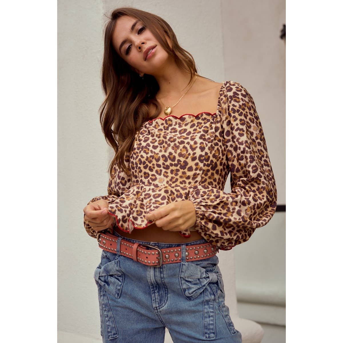 Luxe Leopard Wave Embroidered Sleeve Blouse