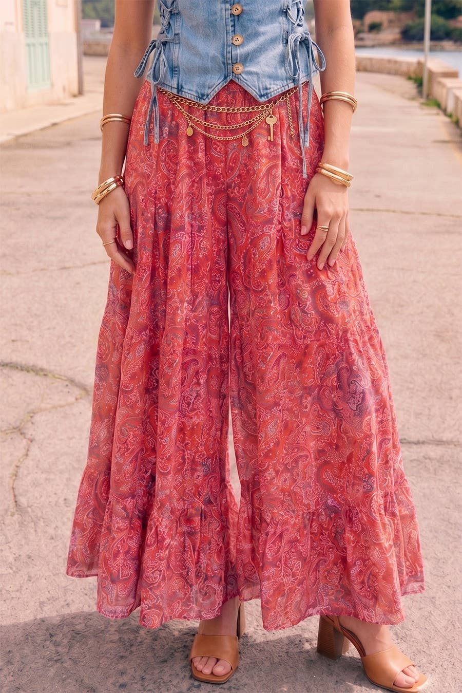 Lurex Boho Floral Printed Ruffled Palazzo Pants