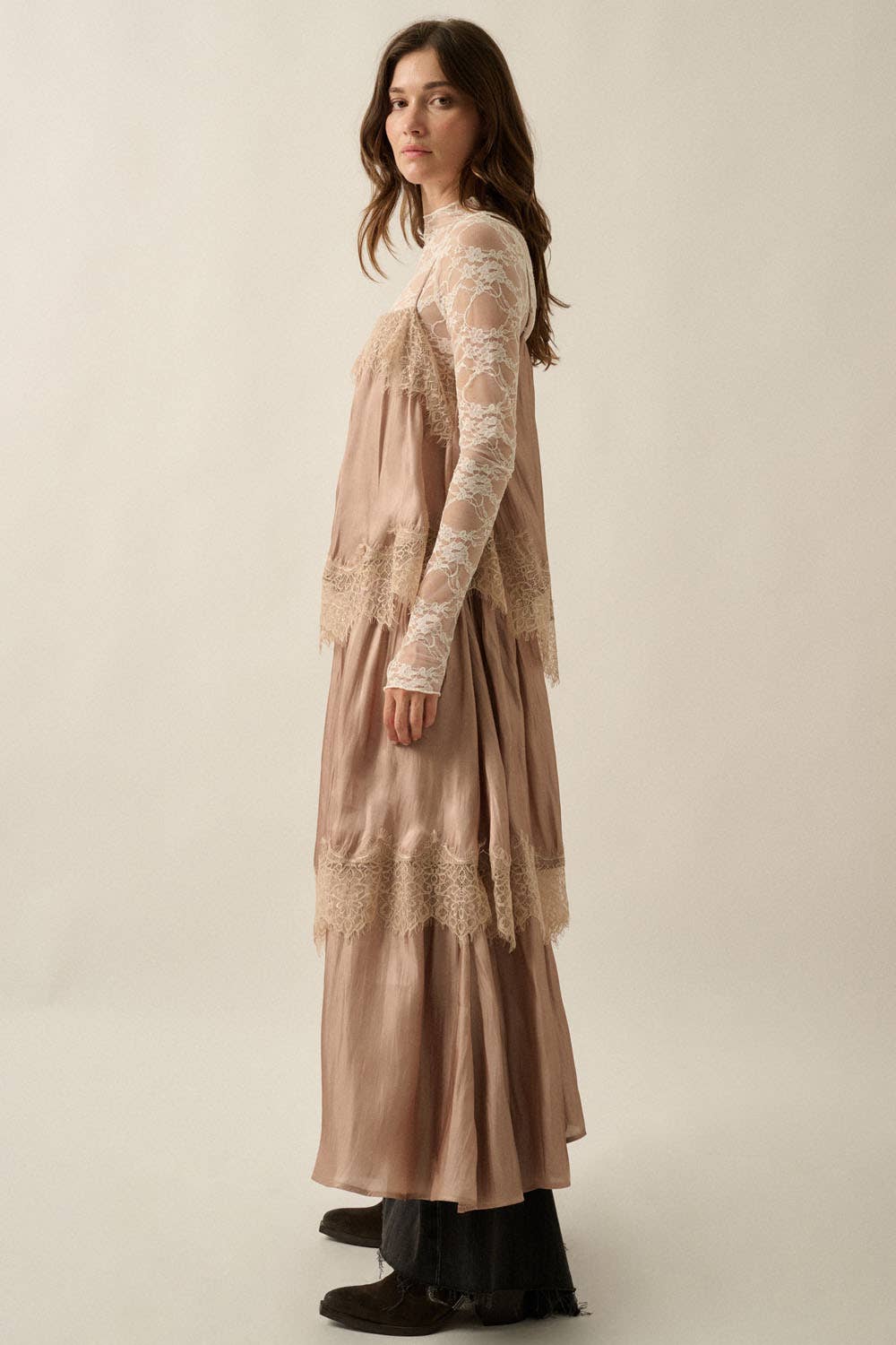 Shimmer Chiffon Lace-Trim Tiered Buttoned Maxi Slip Dress