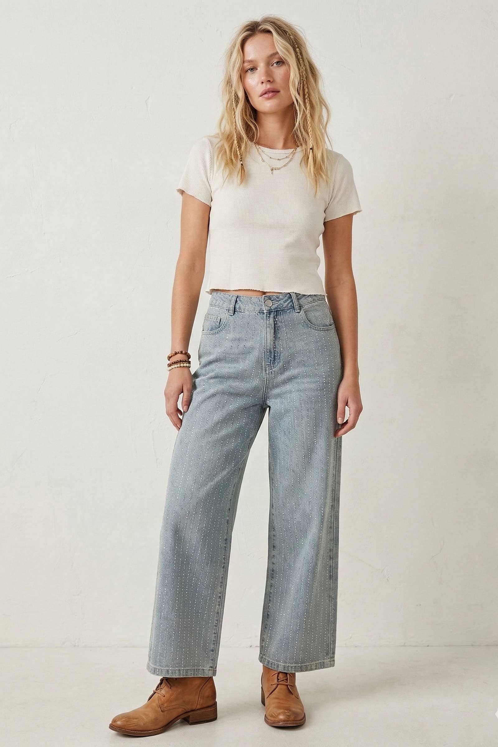 Studded Wide Leg Denim Pants