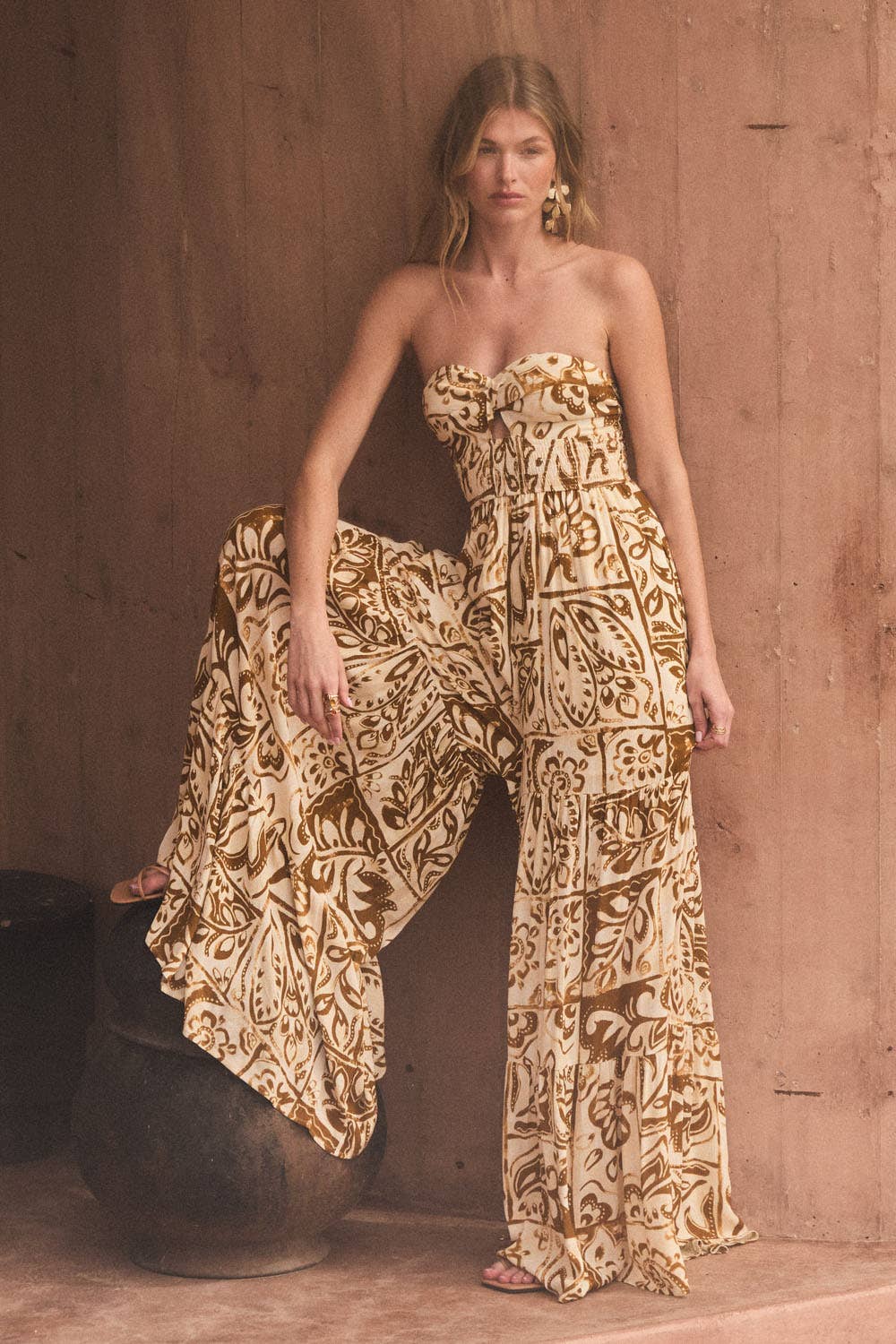 Floral-Print Crepe Strapless Wide-Leg Tiered Jumpsuit