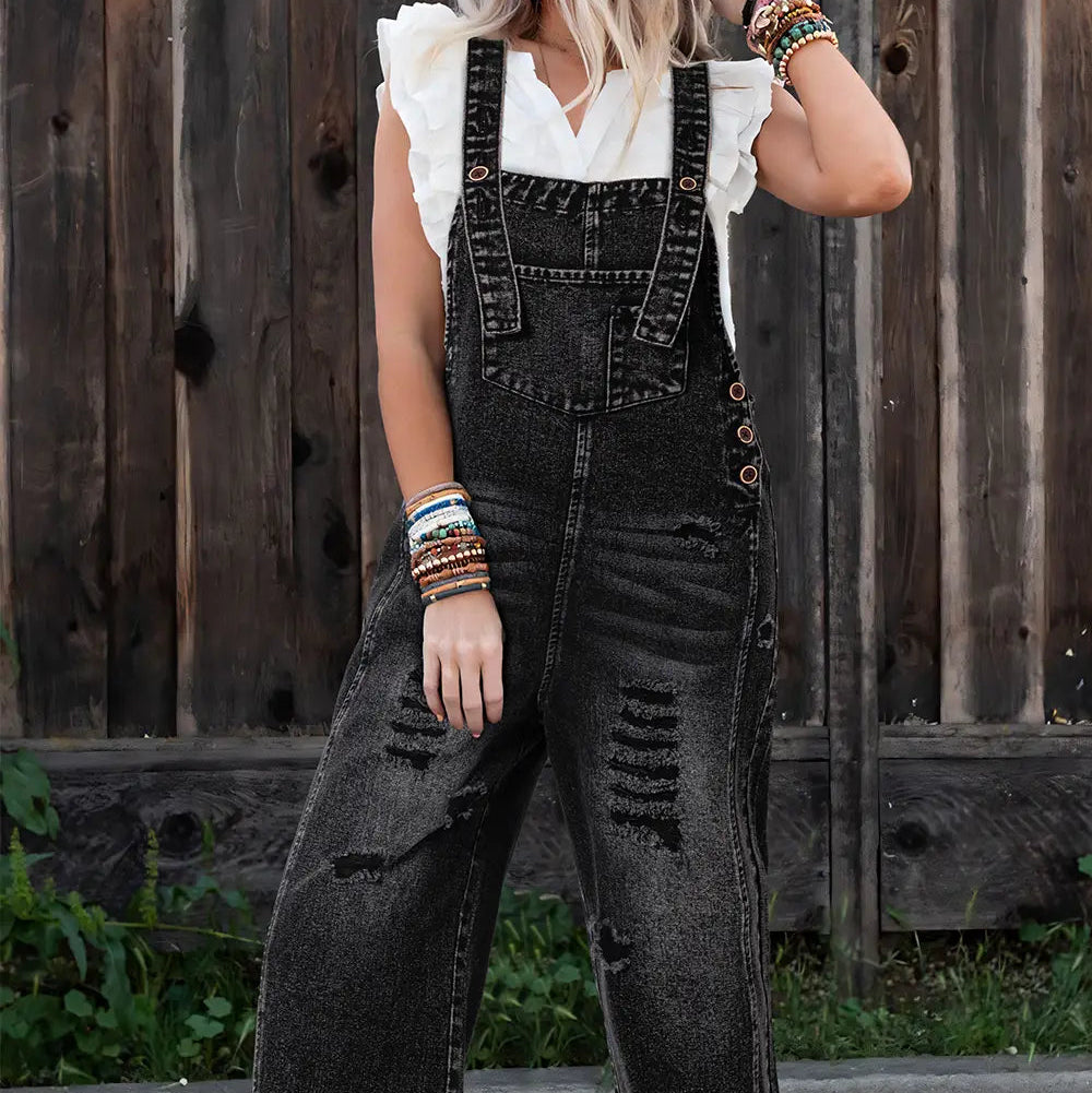 Black Distressed Bib Pocket Wide Leg Denim Overall