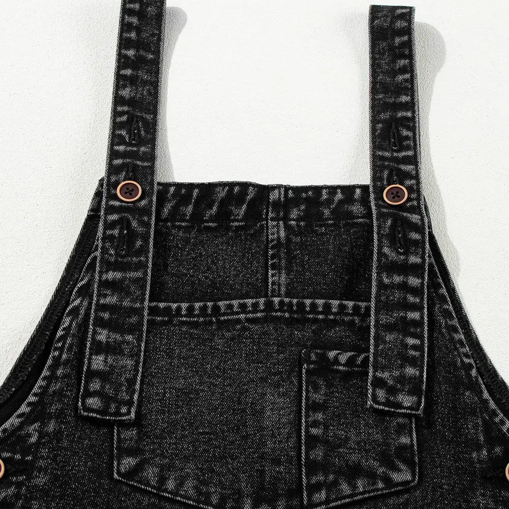 Black Distressed Bib Pocket Wide Leg Denim Overall