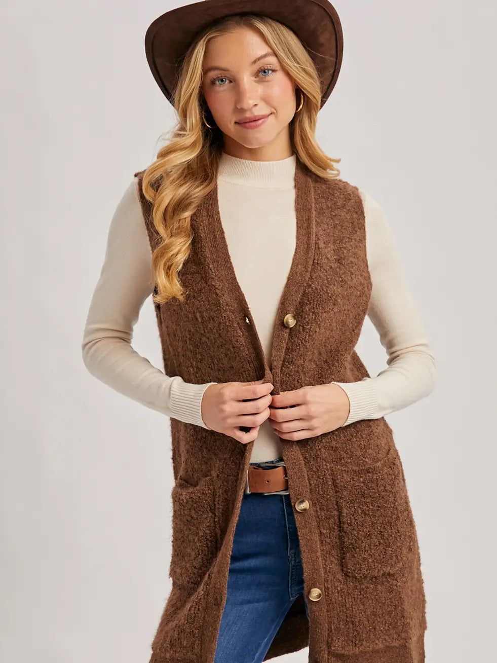 Button Down V-Neck Teddy Knit Long Lined Vest