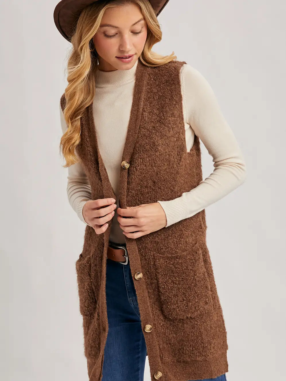 Button Down V-Neck Teddy Knit Long Lined Vest