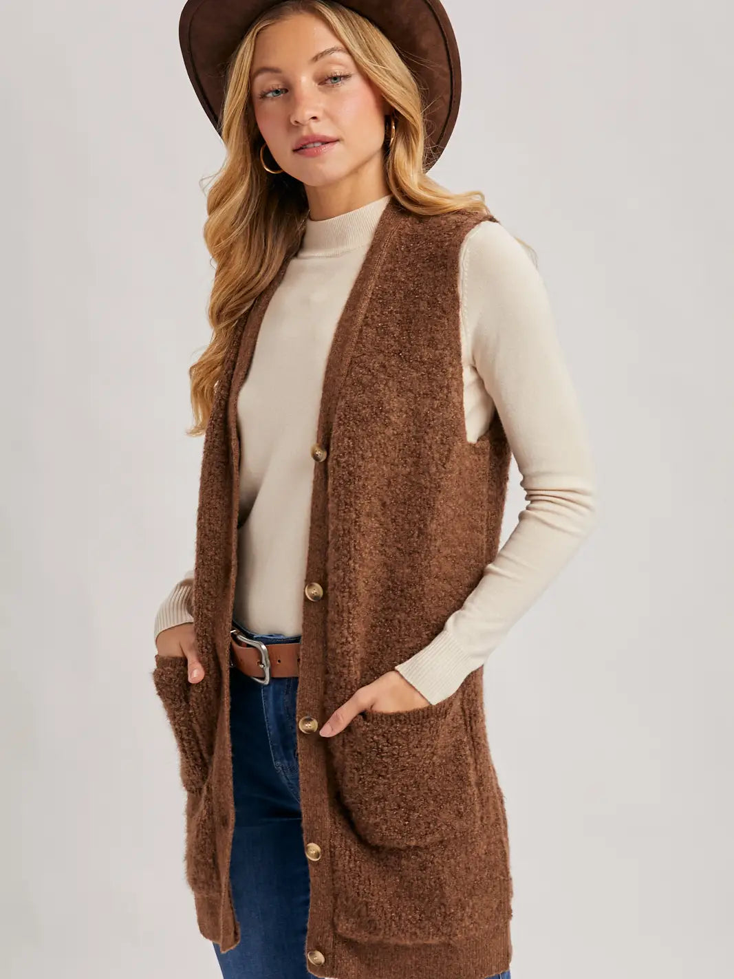 Button Down V-Neck Teddy Knit Long Lined Vest