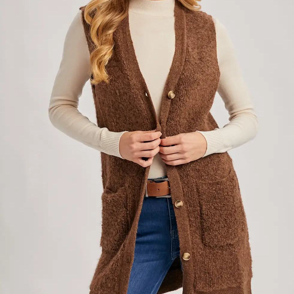 Button Down V-Neck Teddy Knit Long Lined Vest