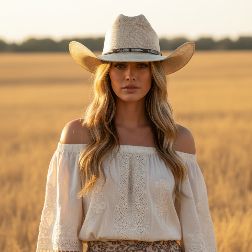 tan straw cattleman cowboy hat with faux leather band western boho Dani California Boutique