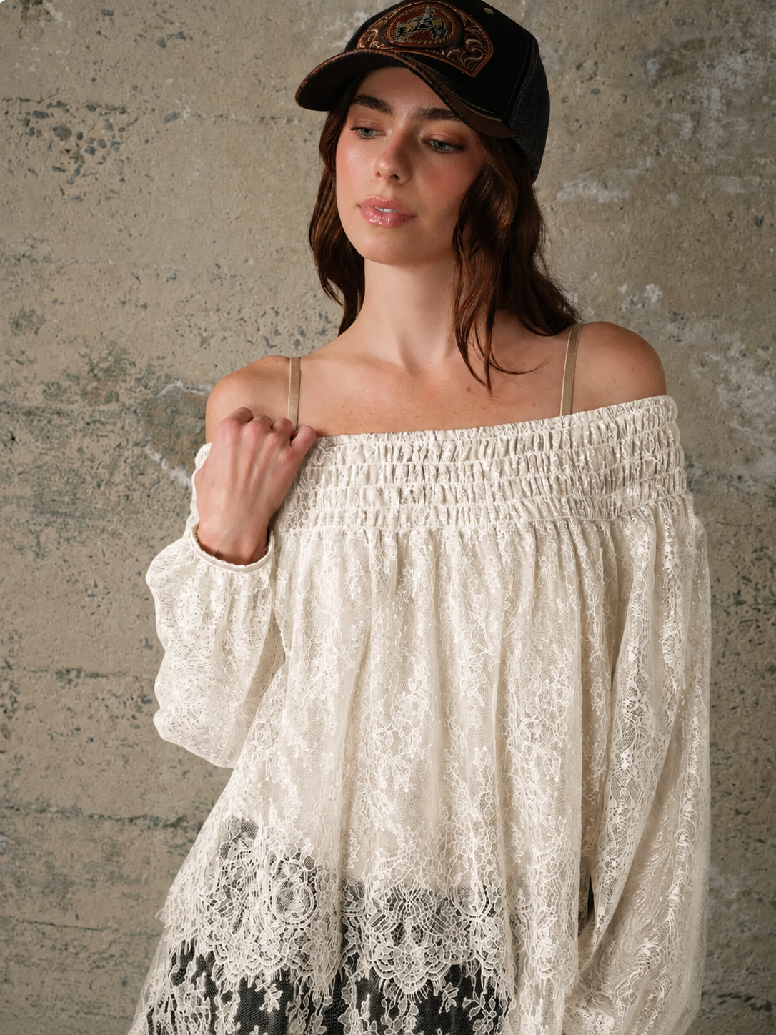 Off Shoulder Sheer Lace Blouse