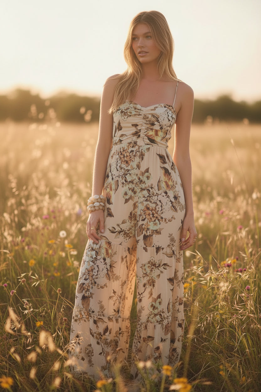 cream floral wide leg jumpsuit western boho style Dani California Boutique