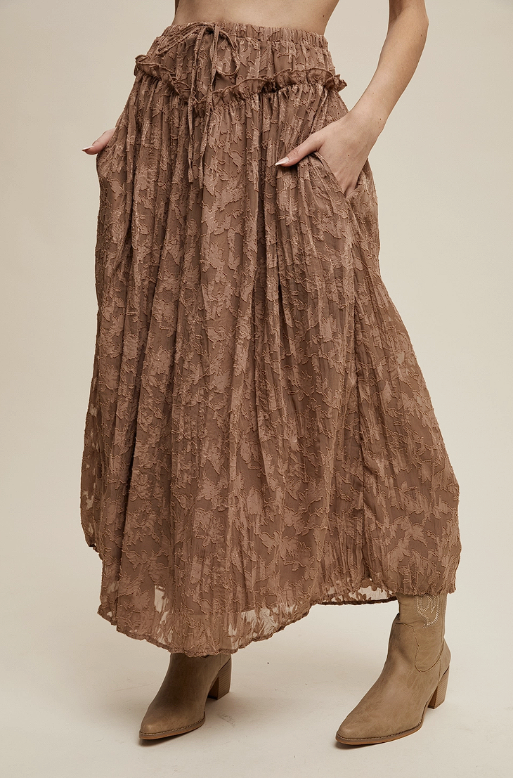 Burnout Floral Maxi Skirt with Ruffle Waistband