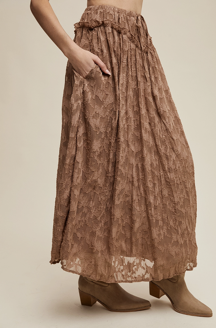 Burnout Floral Maxi Skirt with Ruffle Waistband