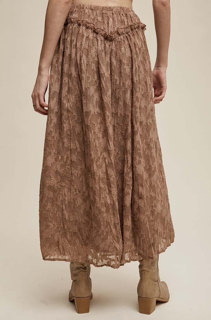 Burnout Floral Maxi Skirt with Ruffle Waistband
