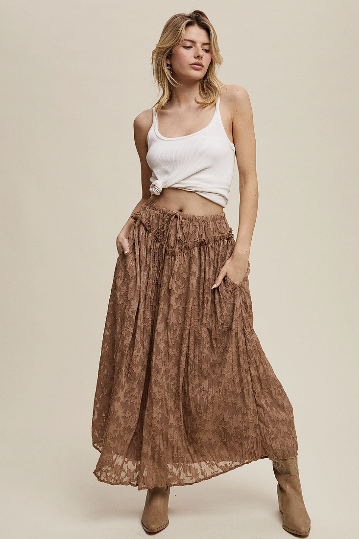 Burnout Floral Maxi Skirt with Ruffle Waistband