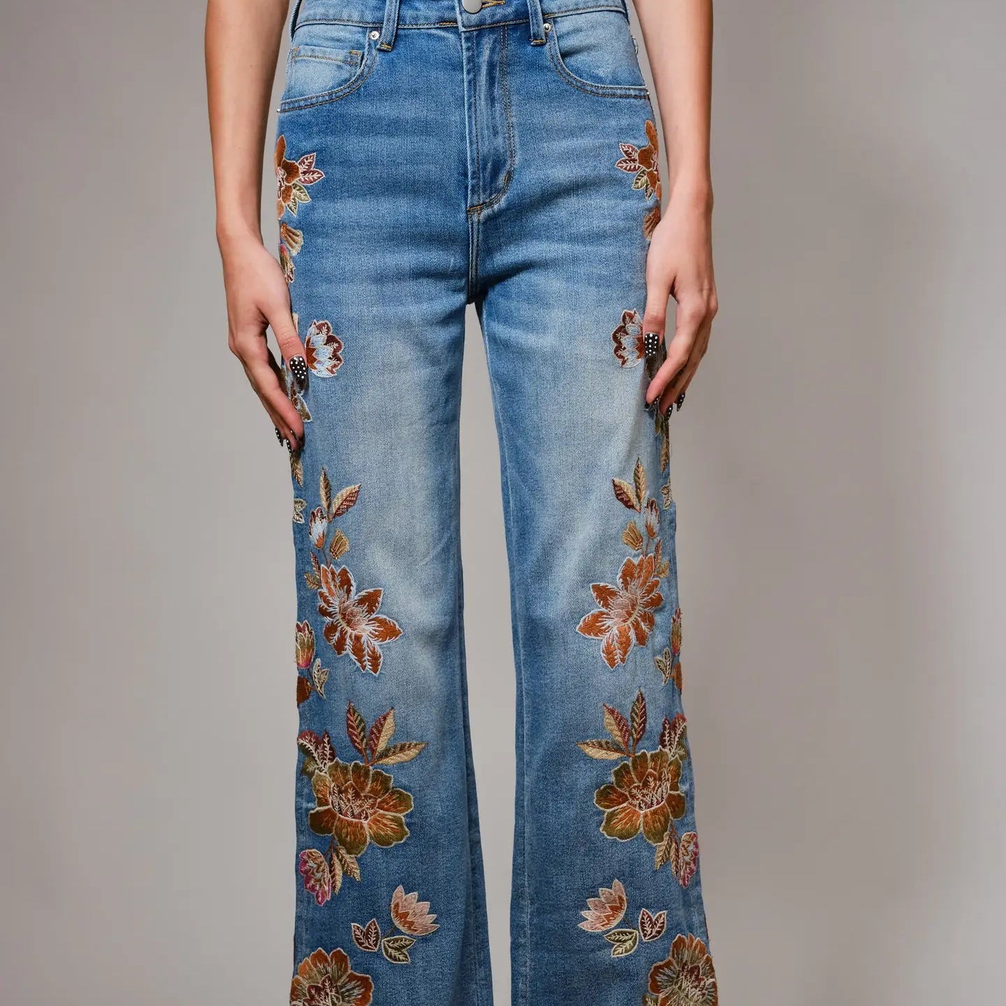 Flower Embroidery High Waist Flare Jean