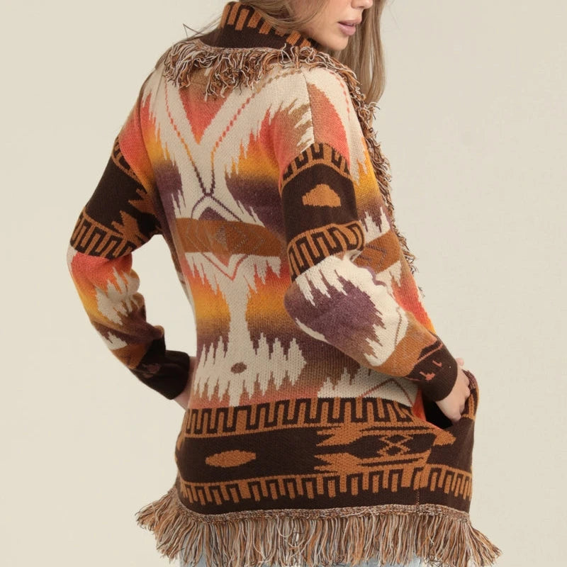 Fringe Collared Aztec Sweater