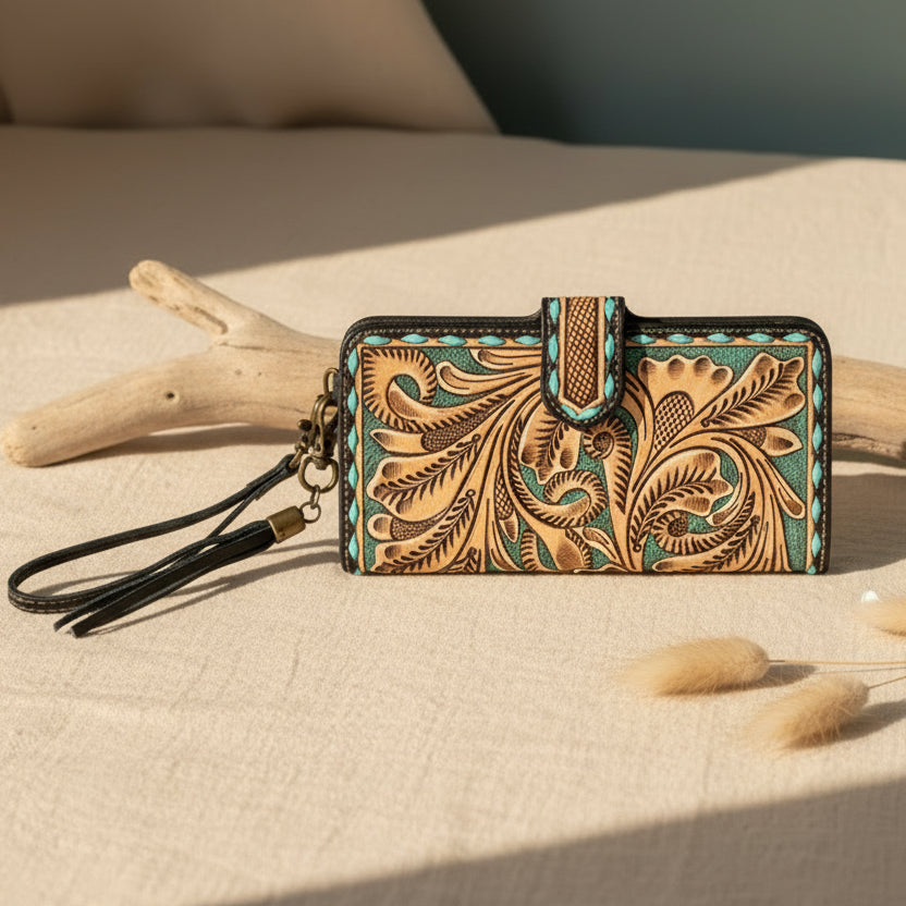 Rustic western wristlet wallet crafted from genuine leather with turquoise accents and detailed tooling