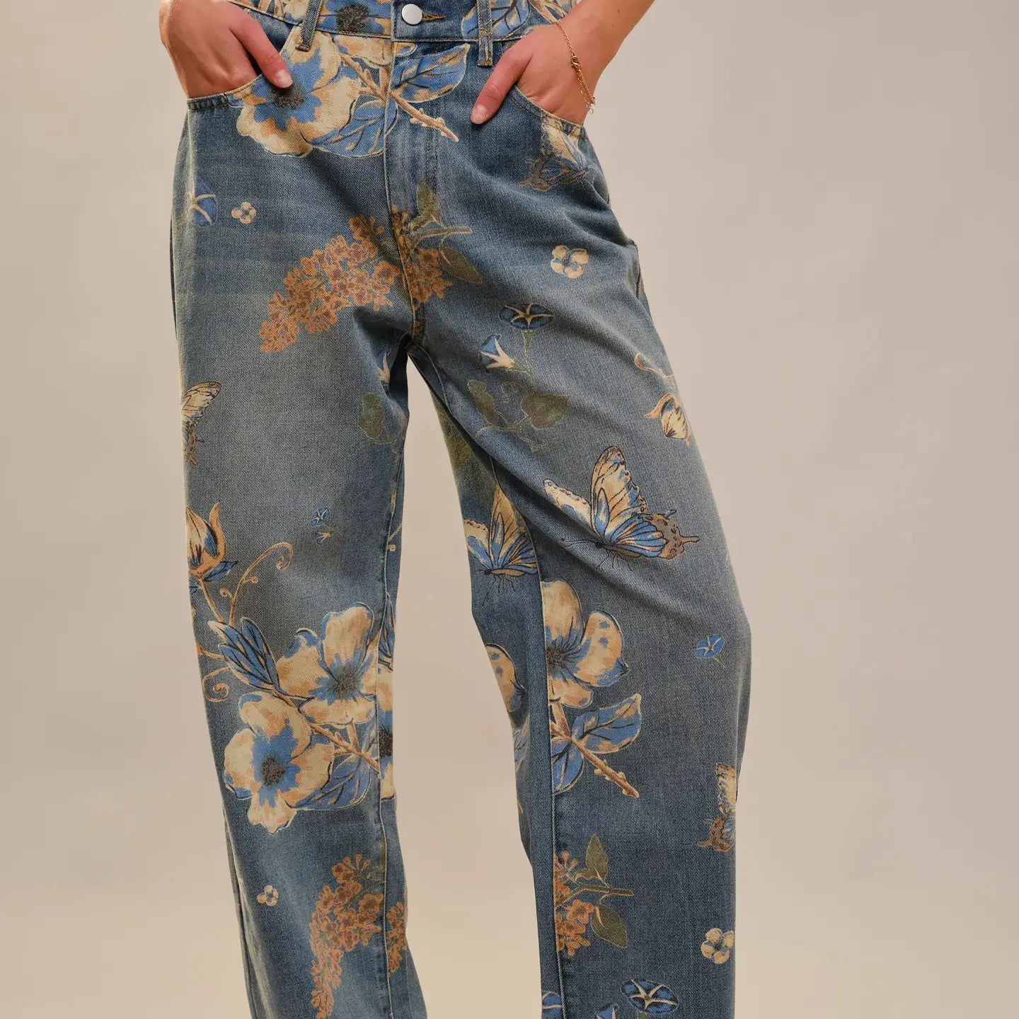 High Rise Wide Leg Jeans - Floral & Butterfly Print