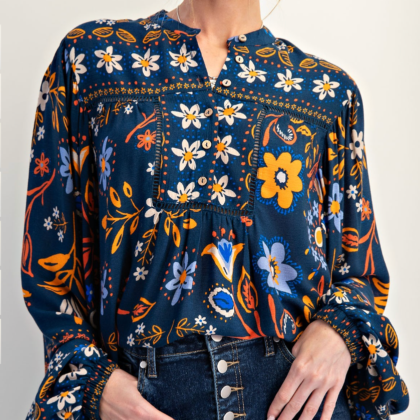 Indigo Blue Floral Print Balloon Sleeve Top