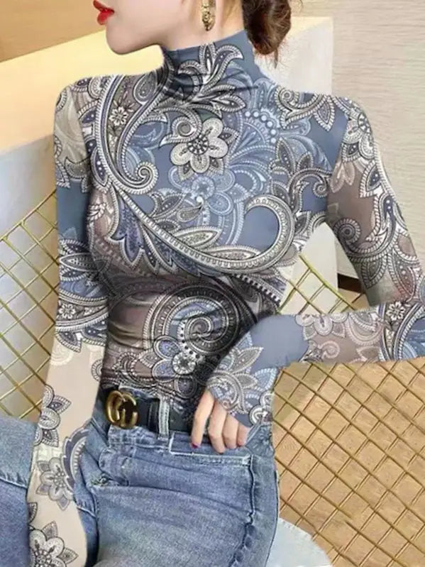 Flower Print High Neck Long Sleeve Skinny Top