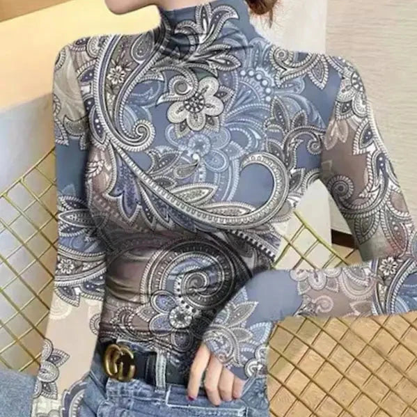 Flower Print High Neck Long Sleeve Skinny Top