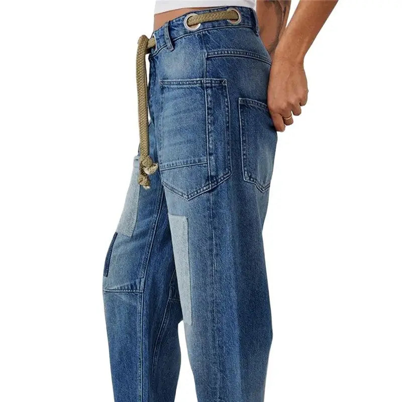 Loose Straight Drawstring Patchwork Jeans