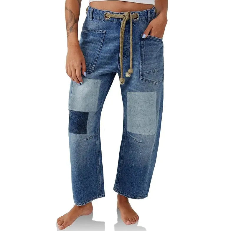 Loose Straight Drawstring Patchwork Jeans