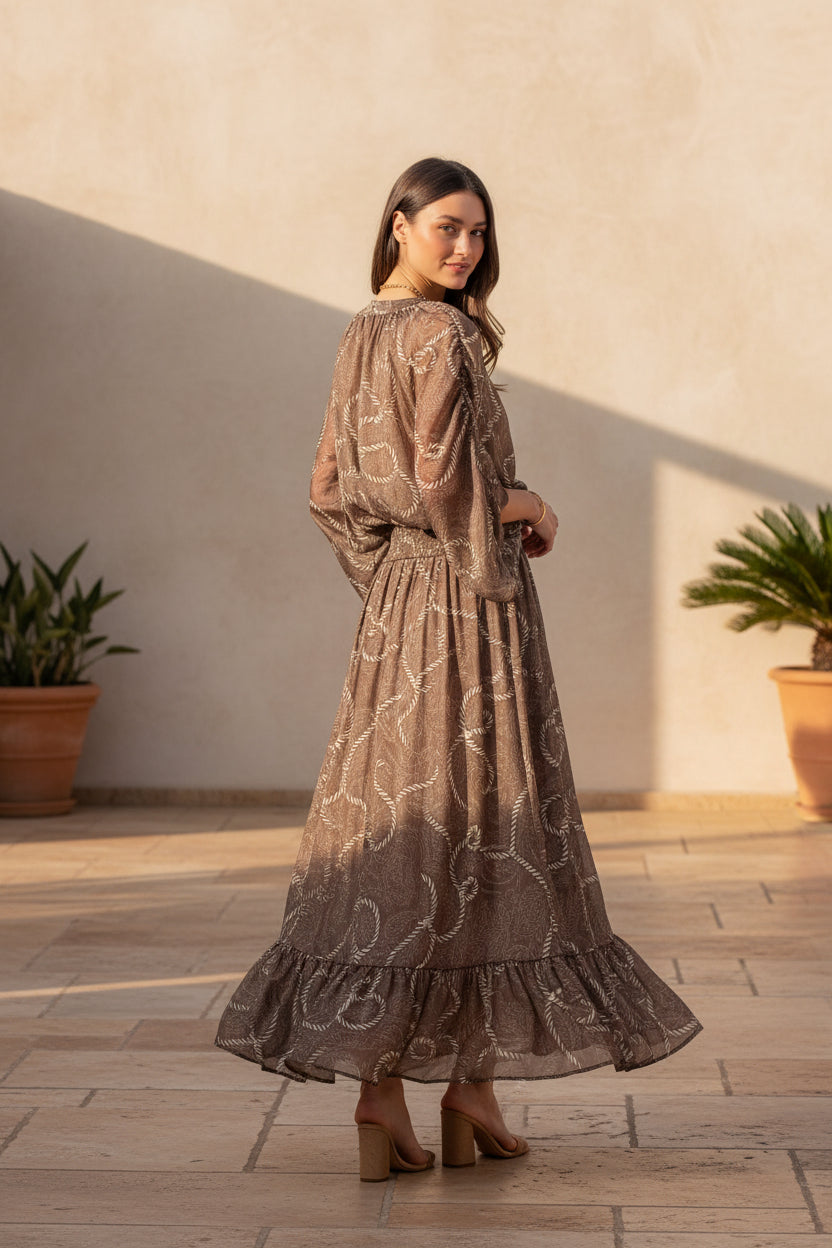 rope print flowy blouse in mocha brown resort boho style Dani California Boutique