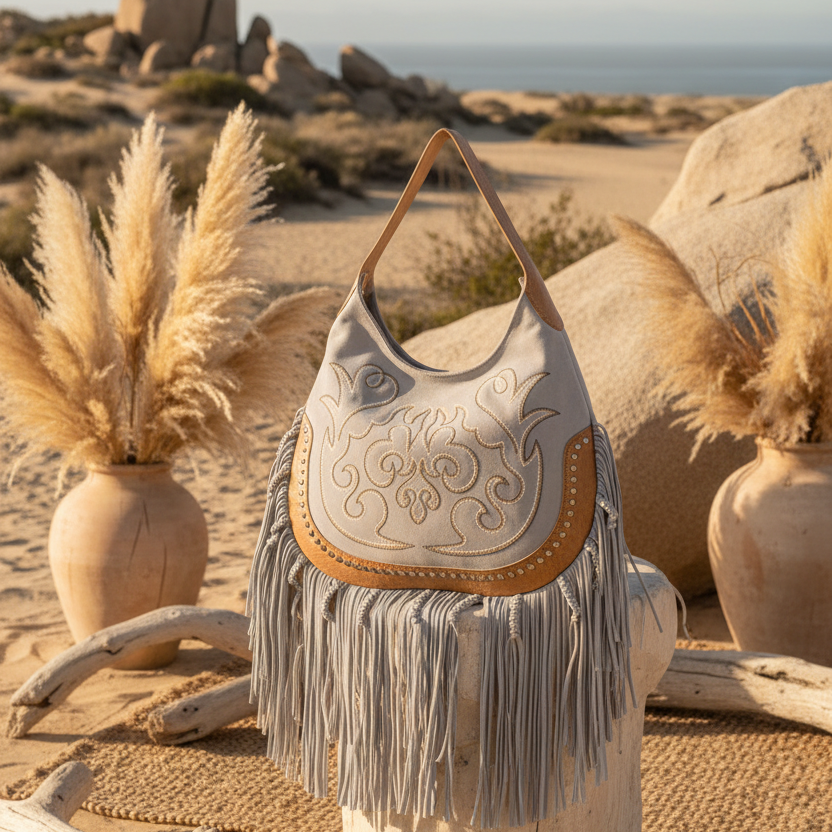 Pearl white western fringe handbag with embossed floral tooling, tan leather accents, and long fringe detailing