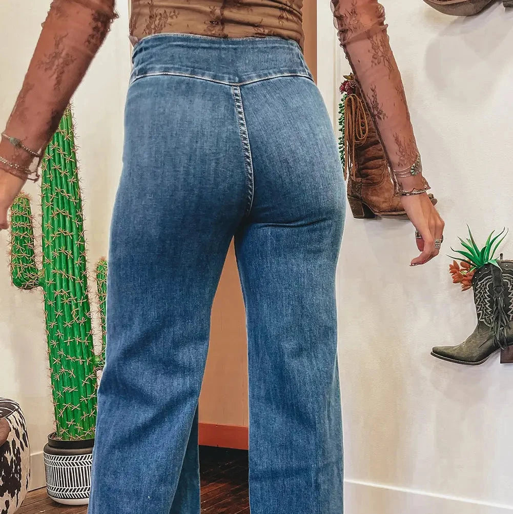 Sail Blue High Waist Button Fly Seamed Raw Hem Flare Jeans