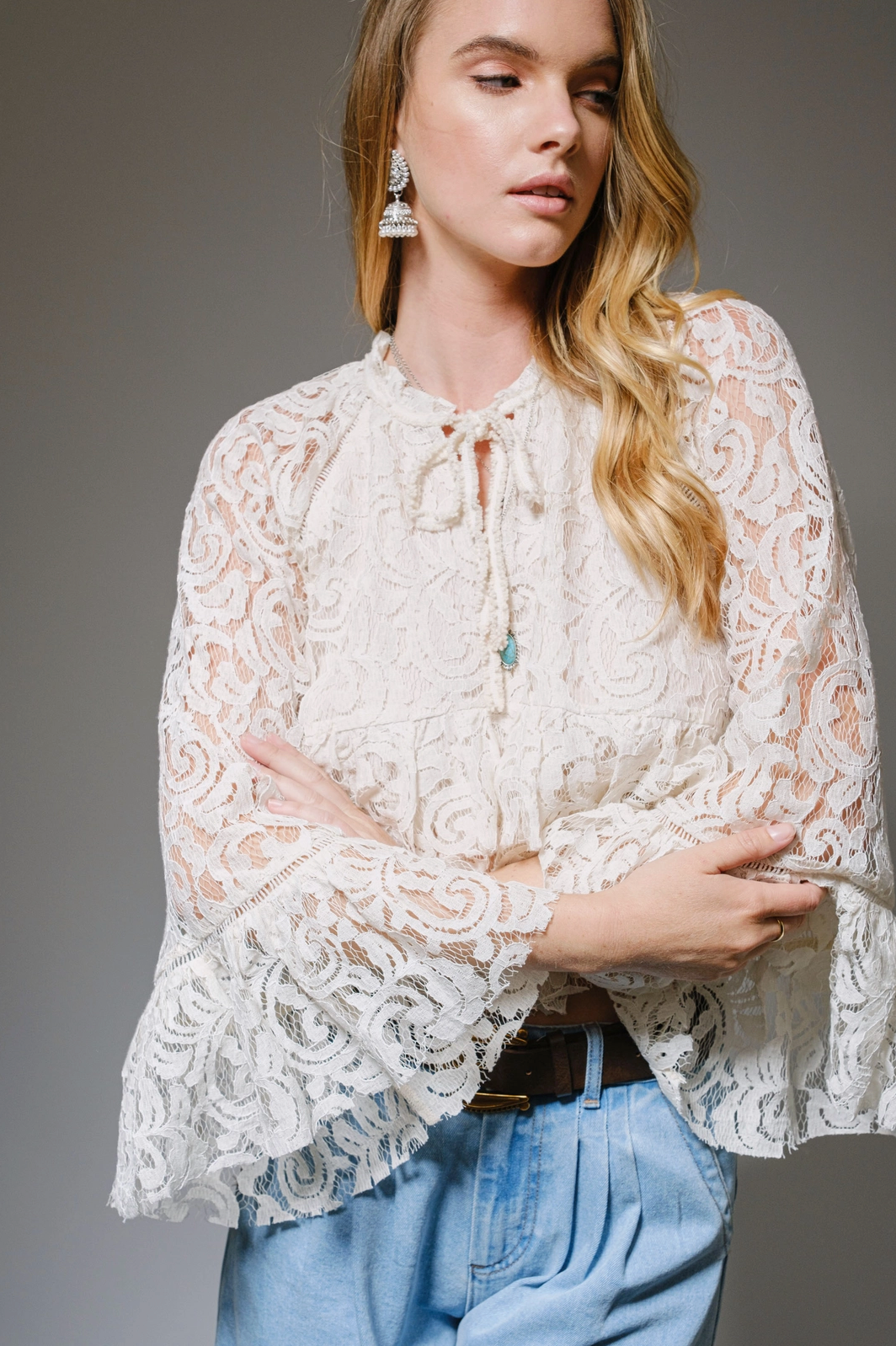 Lace Bell Sleeve Ruffle Blouse