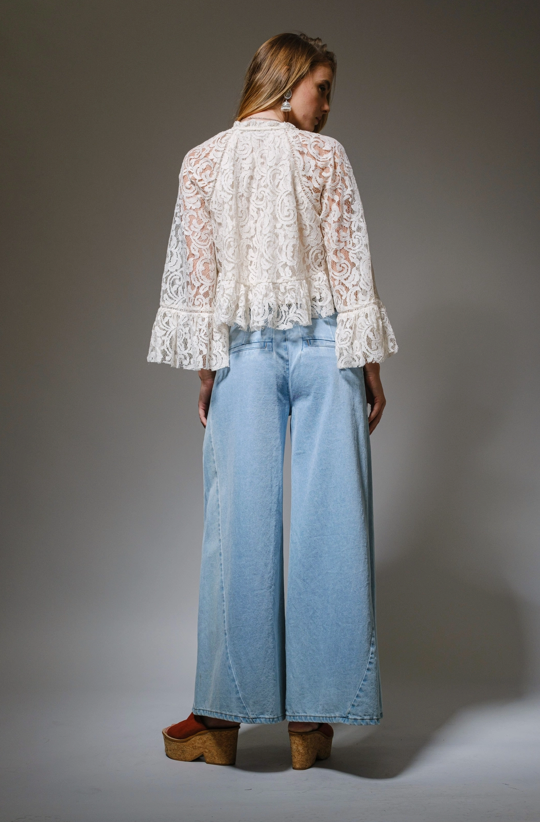 Lace Bell Sleeve Ruffle Blouse