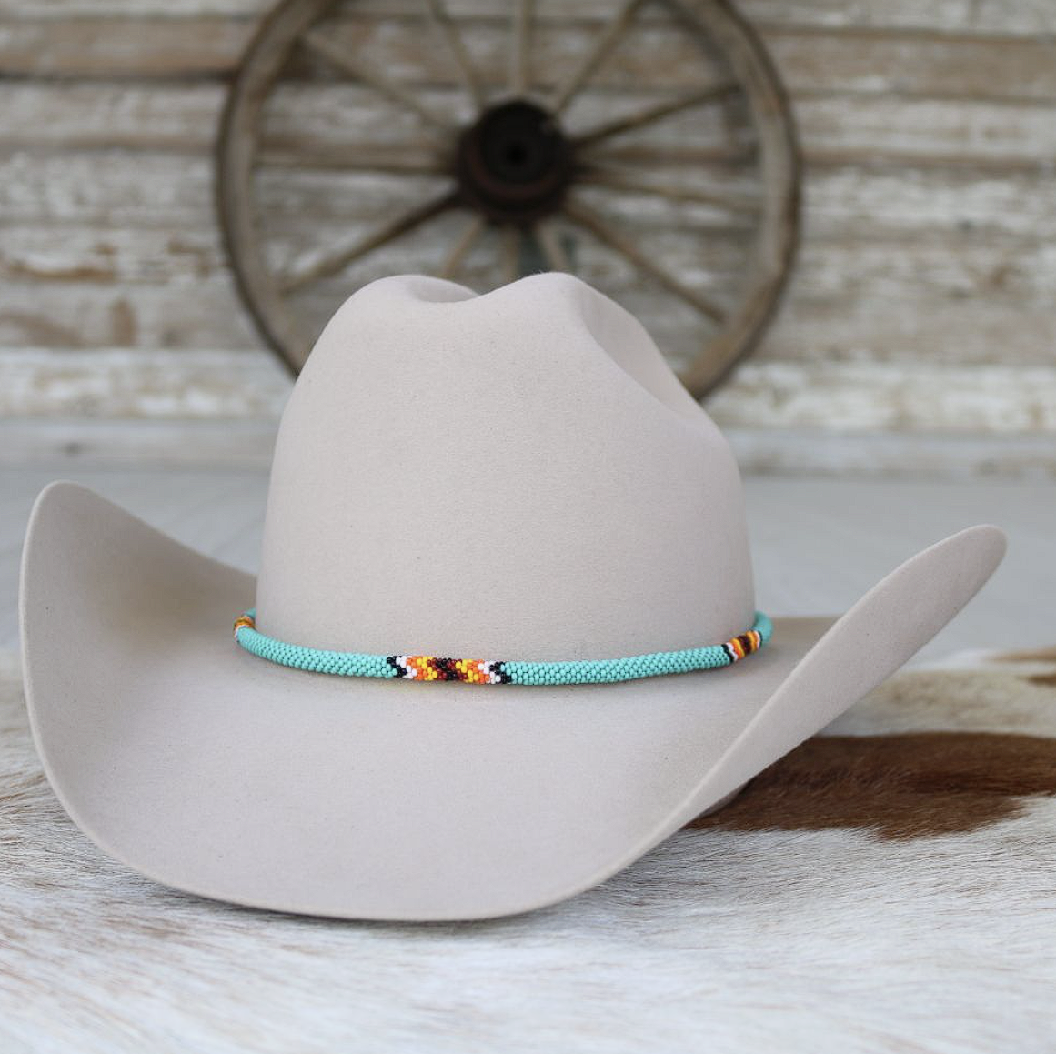 Beaded Hat Band Teal, White & Gun Metal w/ Vegan Leather Turquoise Beaded Native American Style Hatband 48198 main image 2
