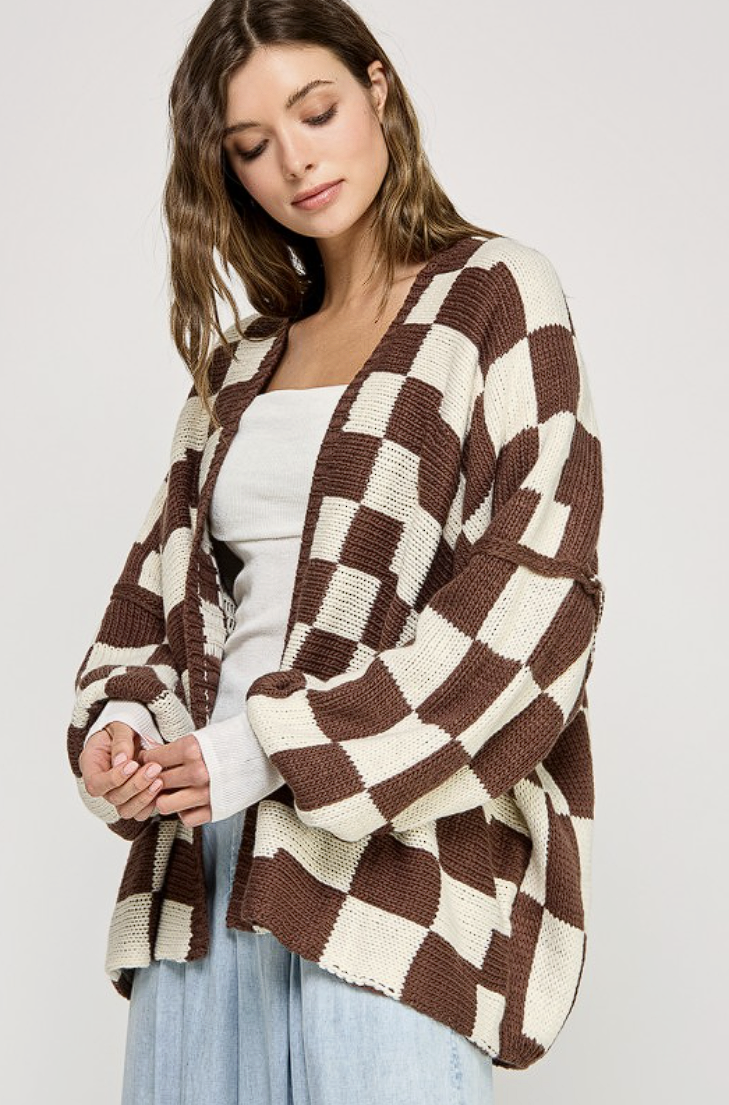Checker Dropped Shoulders Cardigan