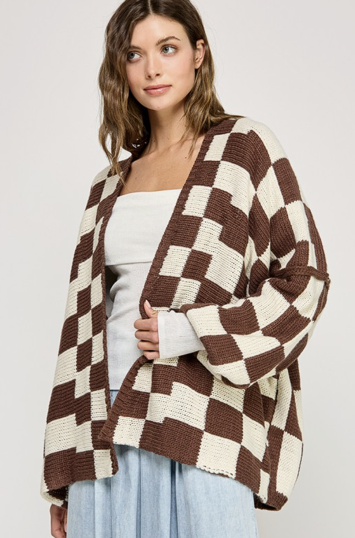 Checker Dropped Shoulders Cardigan