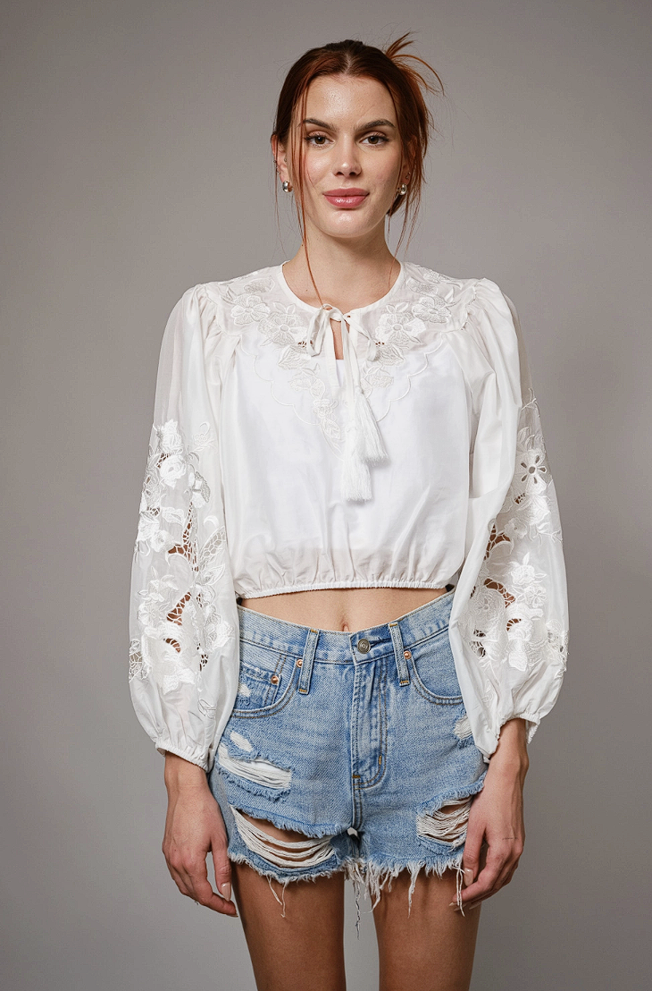 Floral Embroidered Cropped Blouse with Sheer Balloon Sleeves