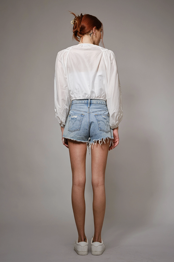 Floral Embroidered Cropped Blouse with Sheer Balloon Sleeves