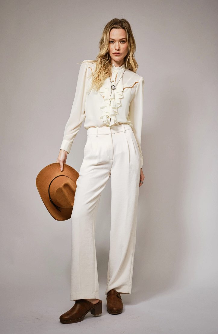 Chelsea Ruffle Front Button Up Blouse