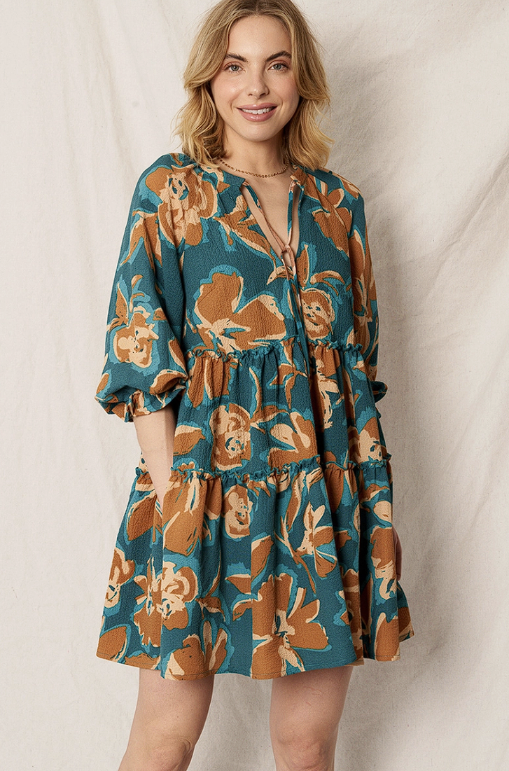 Printed 3/4 Sleeve Tiered Mini Dress