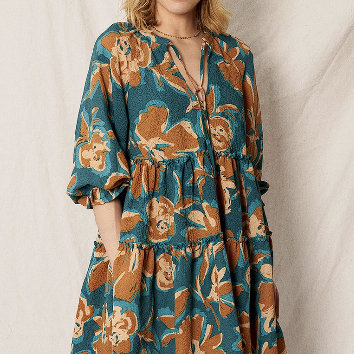 Printed 3/4 Sleeve Tiered Mini Dress