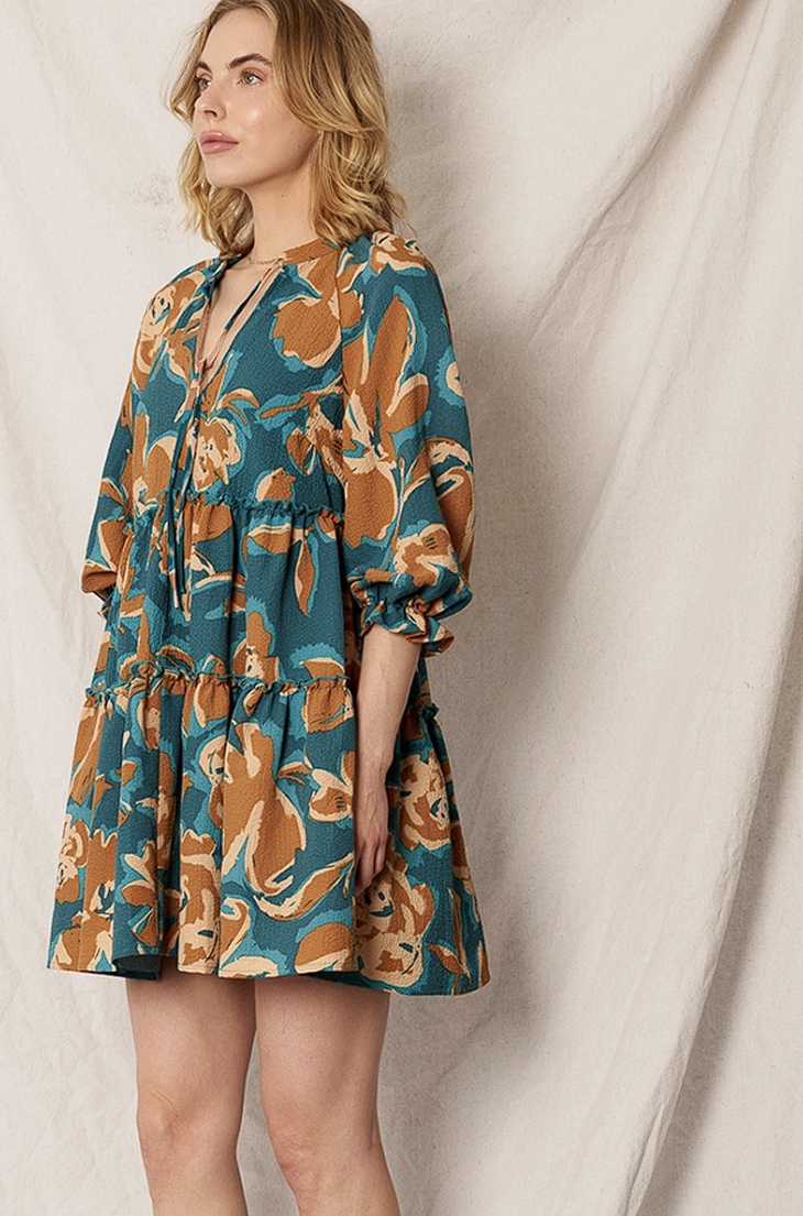 Printed 3/4 Sleeve Tiered Mini Dress
