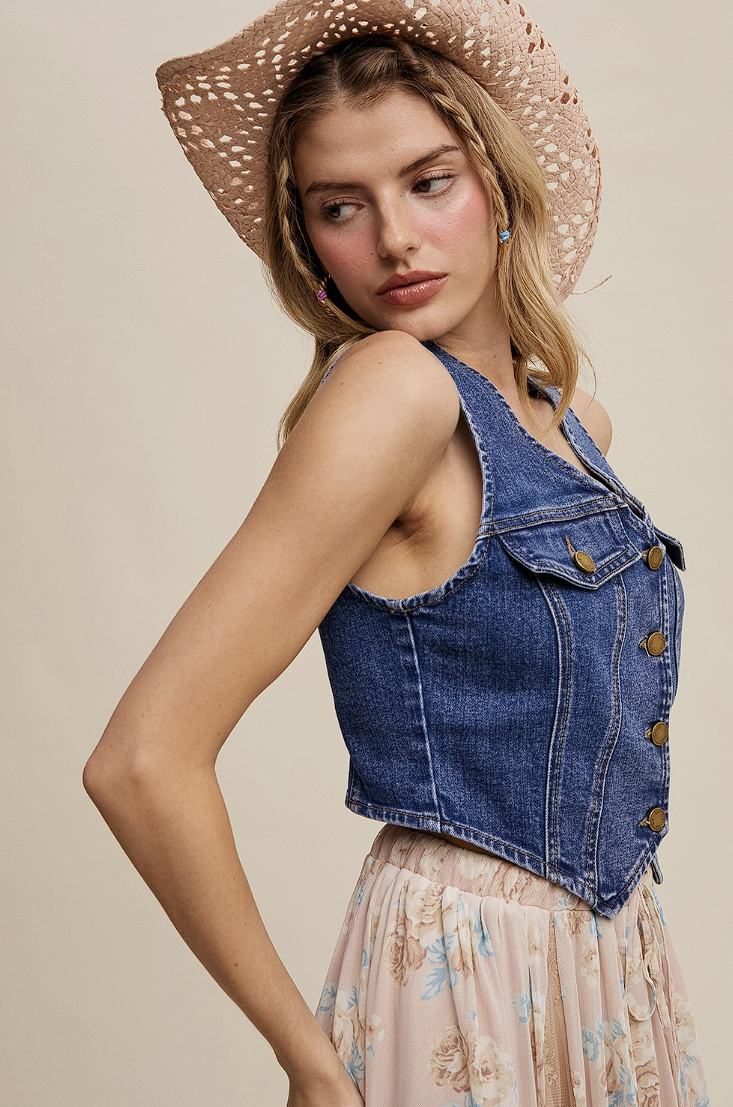Stretch Denim Corset Vest with Buckle Detail