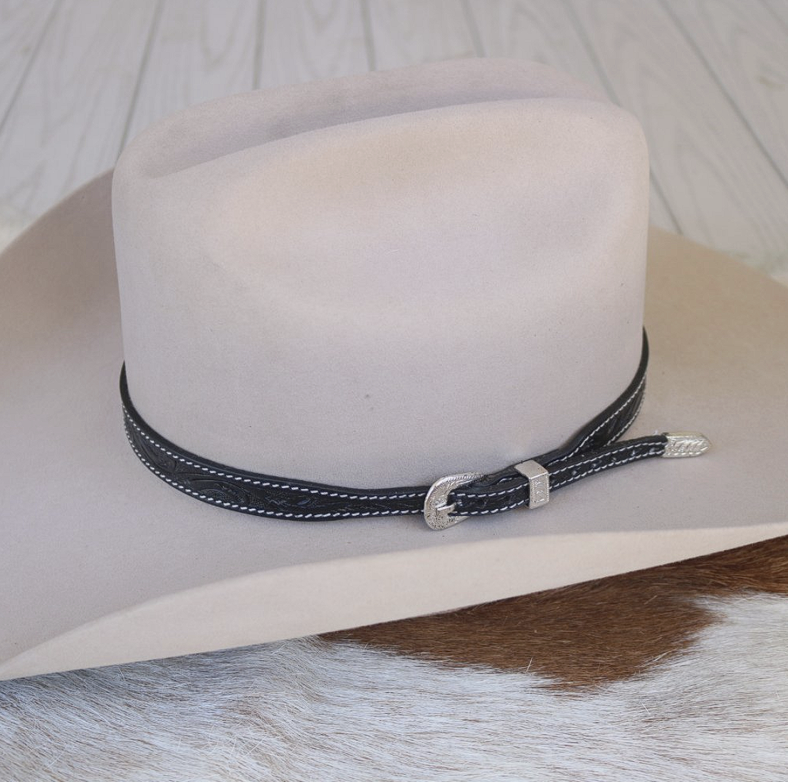 Black Tooled Leather Buckle Hat Band