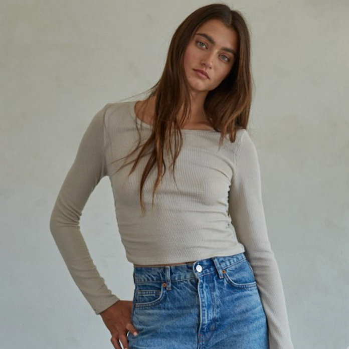 Ruched Ribbed Knit Long Sleeve Top