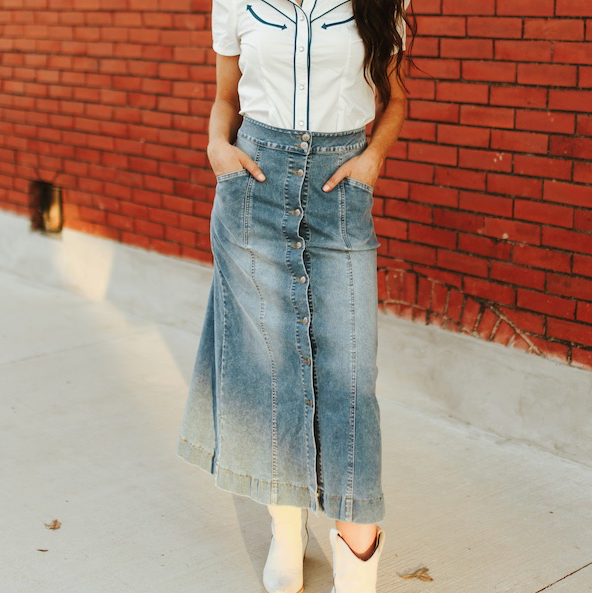 Denim Button Down Midi Skirt