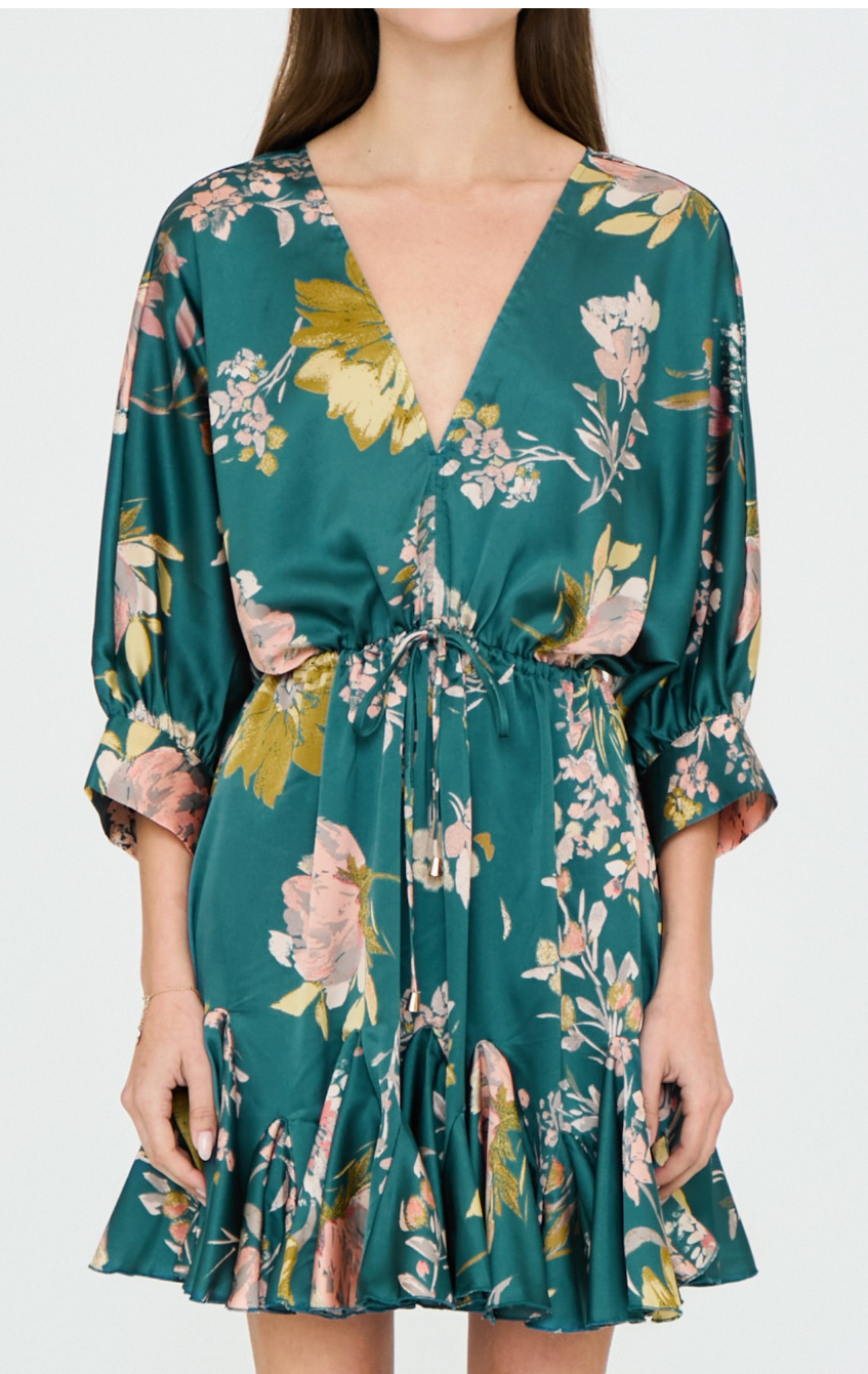 Floral Dolman Sleeve Tie Waist Mini Dress