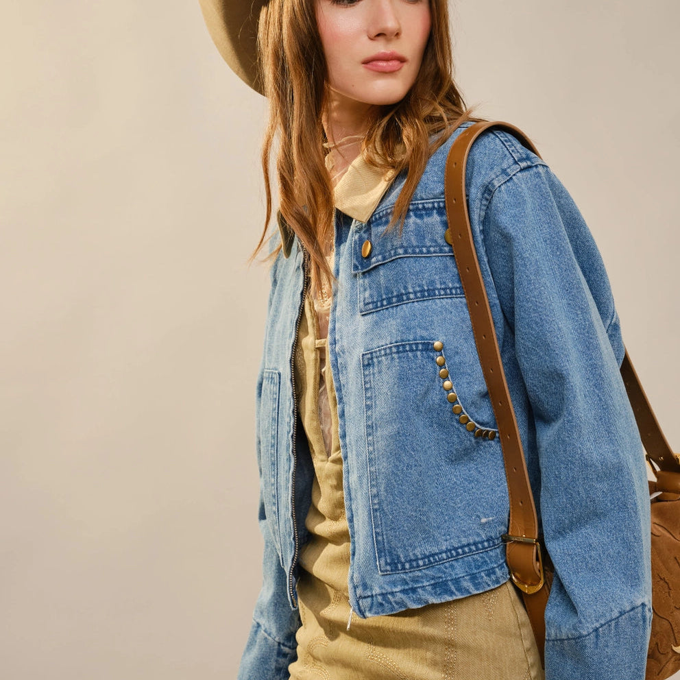 Stud Trimmed Cropped Denim Jacket