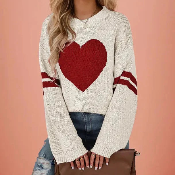 Valentine Heart Knit Sweater Womens Crew Neck Pullover